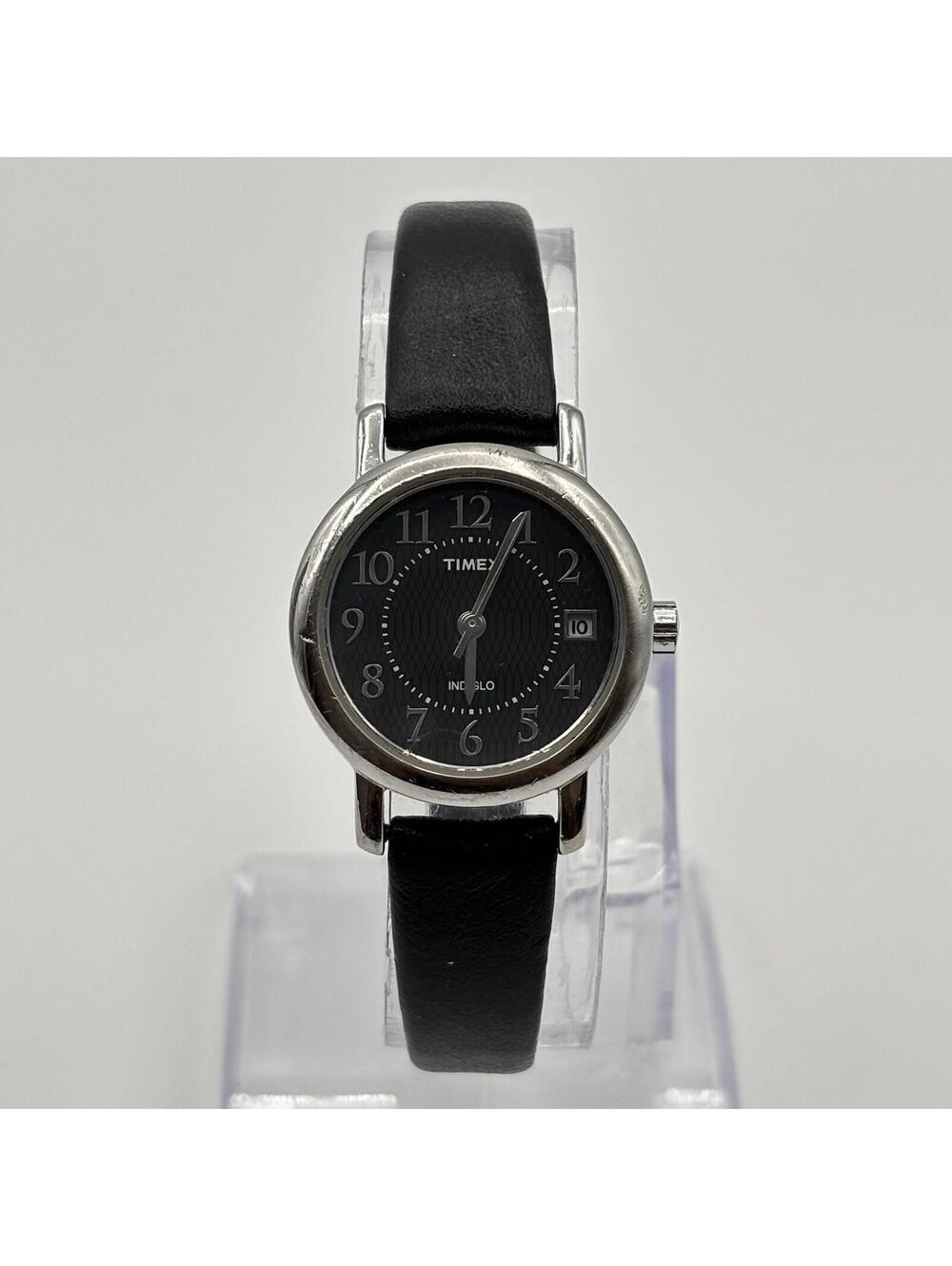 Ladies Timex Indiglo Date Watch 25mm Black Textured Dial Leather Band